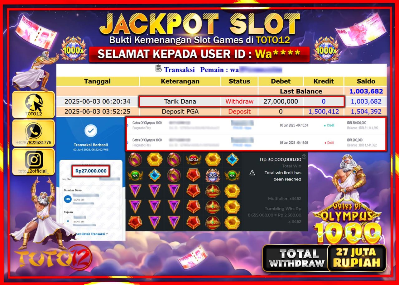 HANYA DI TOTO12 JP PASTI DI BAYAR LUNAS DAN CEPAT!!!!!! JACKPOT SLOT GAME (GATES OF OLYMPUS 1000) Rp.27.000.000 !!!!