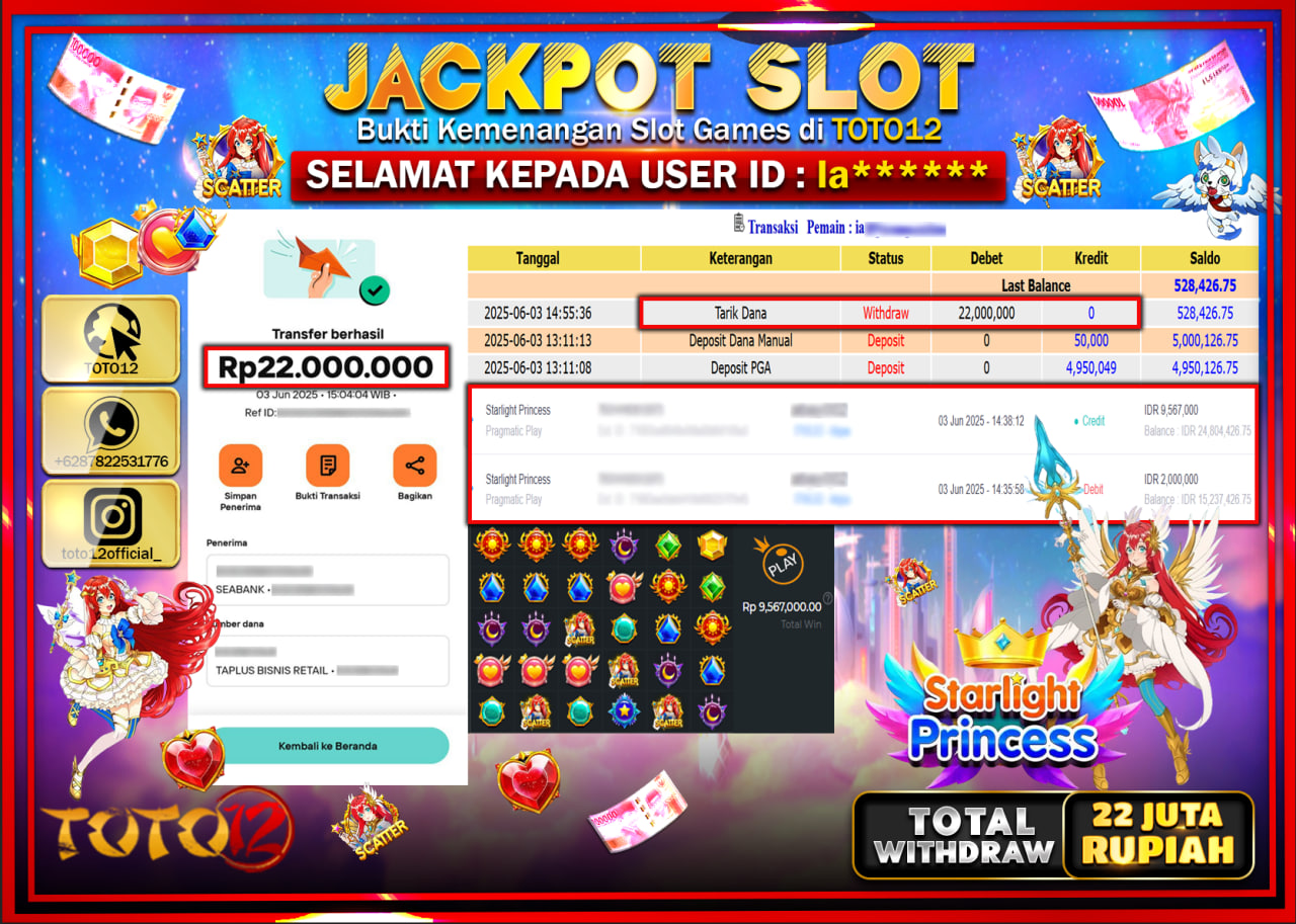 HANYA DI TOTO12 JP PASTI DI BAYAR LUNAS DAN CEPAT!!!!!! JACKPOT SLOT GAME (STARLIGHT PRINCESS) Rp.22.000.000 !!!!