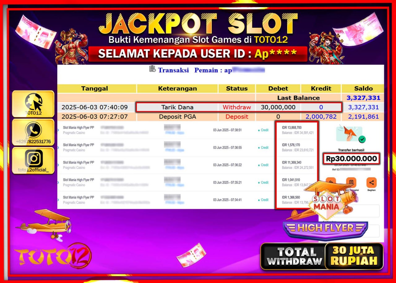 HANYA DI TOTO12 JP PASTI DI BAYAR LUNAS DAN CEPAT!!!!!! JACKPOT SLOT GAME (SLOT MANIA HIGH FLYER) Rp.30.000.000 !!!!