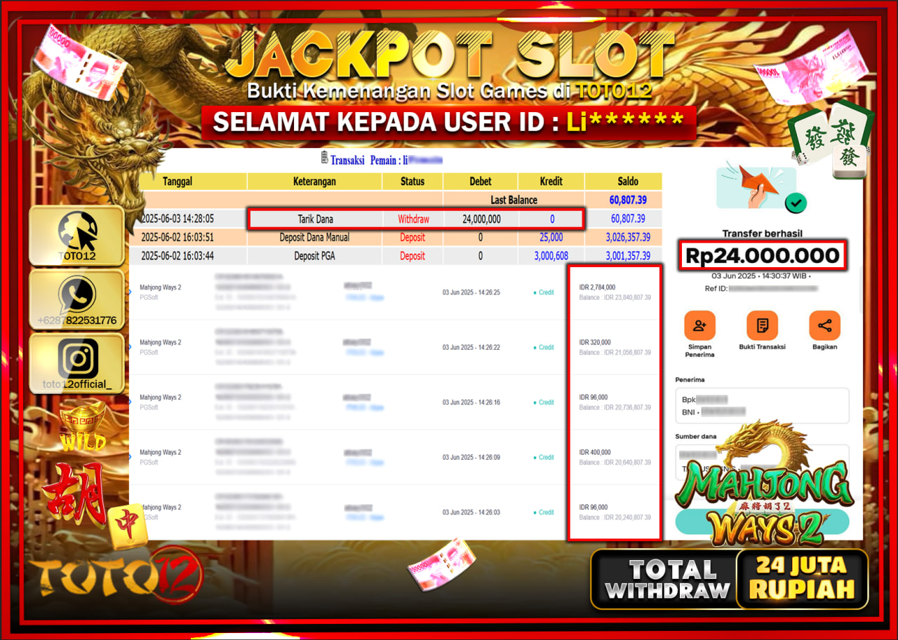HANYA DI TOTO12 JP PASTI DI BAYAR LUNAS DAN CEPAT!!!!!! JACKPOT SLOT GAME (MAHJONG WAYS 2) Rp.24.000.000 !!!!