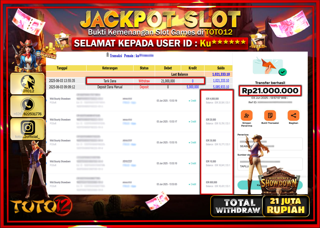 HANYA DI TOTO12 JP PASTI DI BAYAR LUNAS DAN CEPAT!!!!!! JACKPOT SLOT GAME (WILD BOUNTY SHOWDOWN) Rp.21.000.000 !!!!