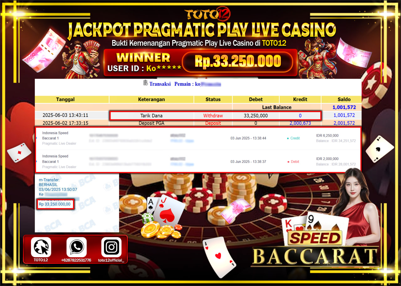 HANYA DI TOTO12 JP PASTI DI BAYAR LUNAS DAN CEPAT!!!!!! JACKPOT PRAGMATIC PLAY LIVE CASINO (SPEED BACCARAT) Rp.33.250.000 !!!!