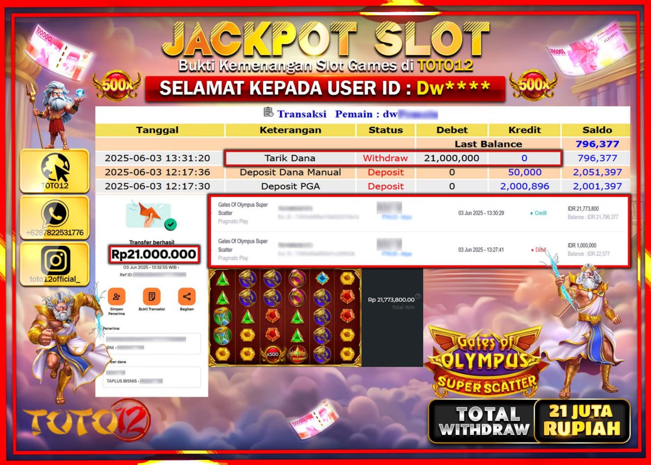 HANYA DI TOTO12 JP PASTI DI BAYAR LUNAS DAN CEPAT!!!!!! JACKPOT SLOT GAME (GATES OF OLYMPUS SUPER SCATTER) Rp.21.000.000 !!!!