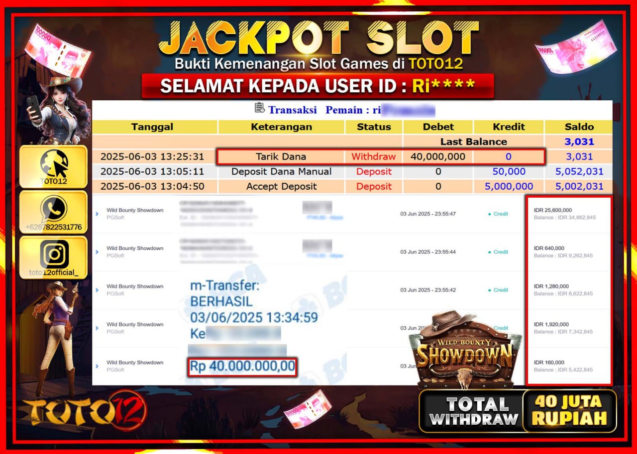 HANYA DI TOTO12 JP PASTI DI BAYAR LUNAS DAN CEPAT!!!!!! JACKPOT SLOT GAME (WILD BOUNTY SHOWDOWN) Rp.40.000.000 !!!!