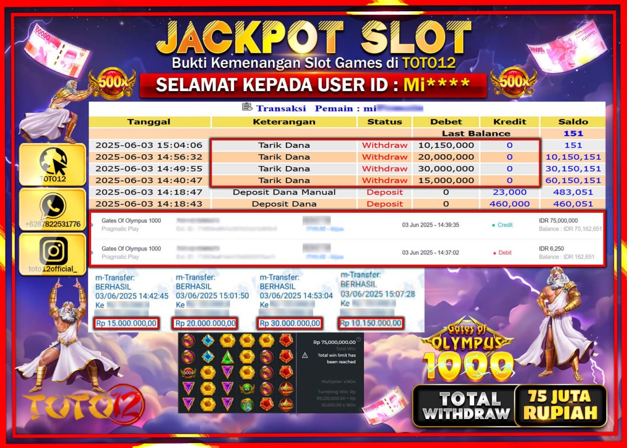 HANYA DI TOTO12 JP PASTI DI BAYAR LUNAS DAN CEPAT!!!!!! JACKPOT SLOT GAME (GATES OF OLYMPUS 1000) Rp.75.000.000 !!!!