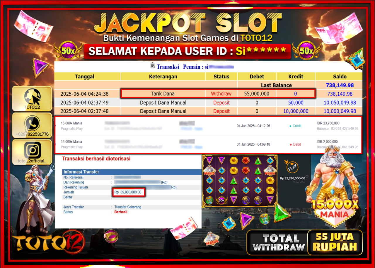 HANYA DI TOTO12 JP PASTI DI BAYAR LUNAS DAN CEPAT!!!!!! JACKPOT SLOT GAME (15.000X MANIA) Rp.55.000.000 !!!!