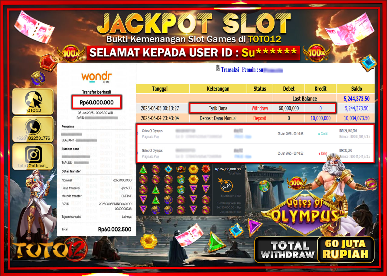 HANYA DI TOTO12 JP PASTI DI BAYAR LUNAS DAN CEPAT!!!!!! JACKPOT SLOT GAME (GATES OF OLYMPUS) Rp.60.000.000 !!!!