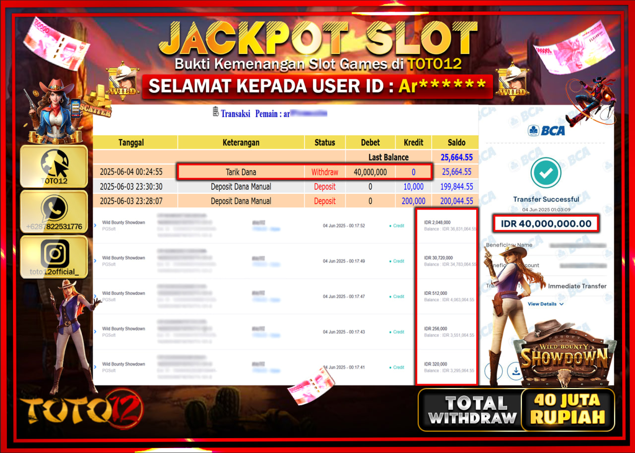 HANYA DI TOTO12 JP PASTI DI BAYAR LUNAS DAN CEPAT!!!!!! JACKPOT SLOT GAME (WILD BOUNTY SHOWDOWN) Rp.40.000.000 !!!!