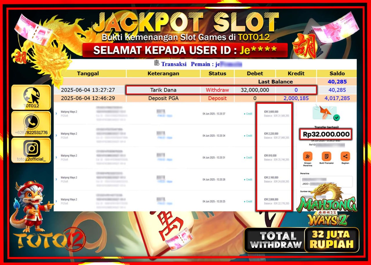 HANYA DI TOTO12 JP PASTI DI BAYAR LUNAS DAN CEPAT!!!!!! JACKPOT SLOT GAME (MAHJONG WAYS 2) Rp.32.000.000 !!!!