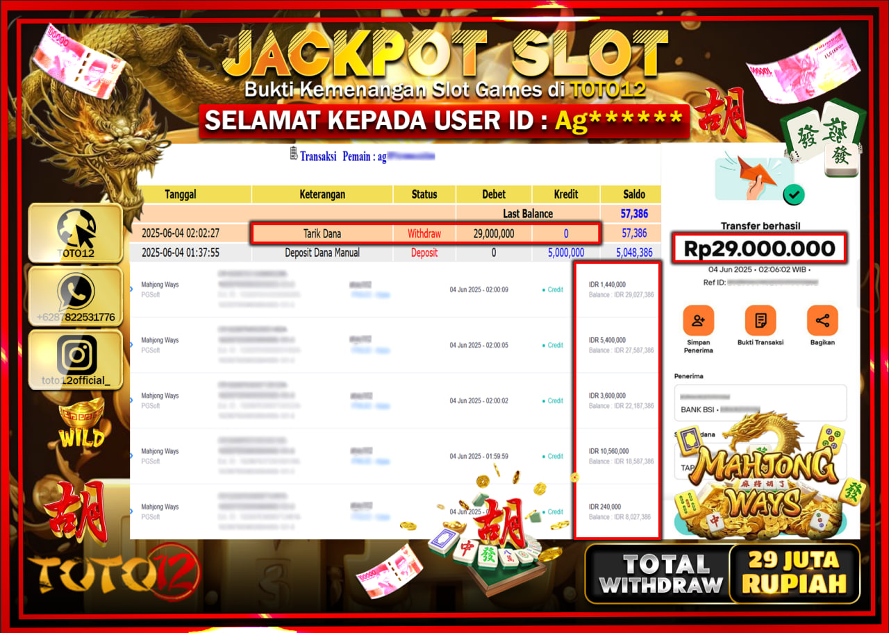 HANYA DI TOTO12 JP PASTI DI BAYAR LUNAS DAN CEPAT!!!!!! JACKPOT SLOT GAME (MAHJONG WAYS) Rp.29.000.000 !!!!