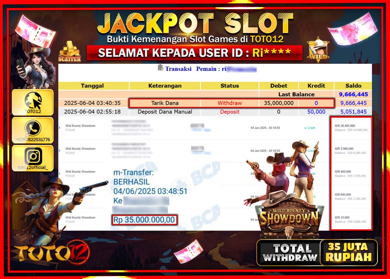 HANYA DI TOTO12 JP PASTI DI BAYAR LUNAS DAN CEPAT!!!!!! JACKPOT SLOT GAME (WILD BOUNTY SHOWDOWN) Rp.35.000.000 !!!!