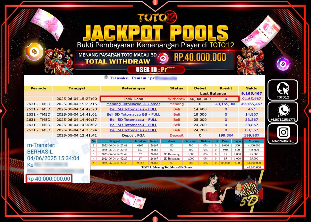 HANYA DI TOTO12 JP PASTI DI BAYAR LUNAS DAN CEPAT!!!!!! JACKPOT POOLS PASARAN (TOTO MACAU5D) Rp.40.000.000 !!!!