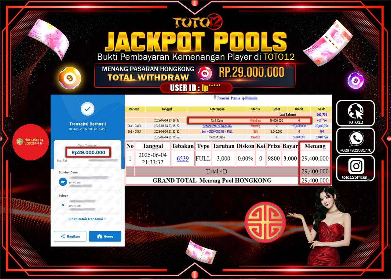 HANYA DI TOTO12 JP PASTI DI BAYAR LUNAS DAN CEPAT!!!!!! JACKPOT POOLS PASARAN (HONGKONG) Rp.29.000.000 !!!!