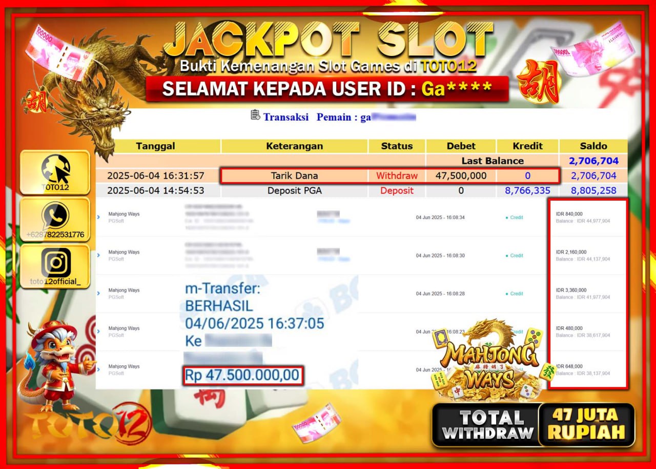HANYA DI TOTO12 JP PASTI DI BAYAR LUNAS DAN CEPAT!!!!!! JACKPOT SLOT GAME (MAHJONG WAYS) Rp.47.000.000 !!!!