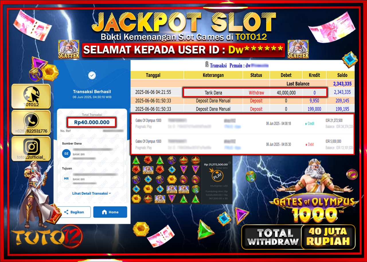 HANYA DI TOTO12 JP PASTI DI BAYAR LUNAS DAN CEPAT!!!!!! JACKPOT SLOT GAME (GATES OF OLYMPUS 1000) Rp.40.000.000 !!!!