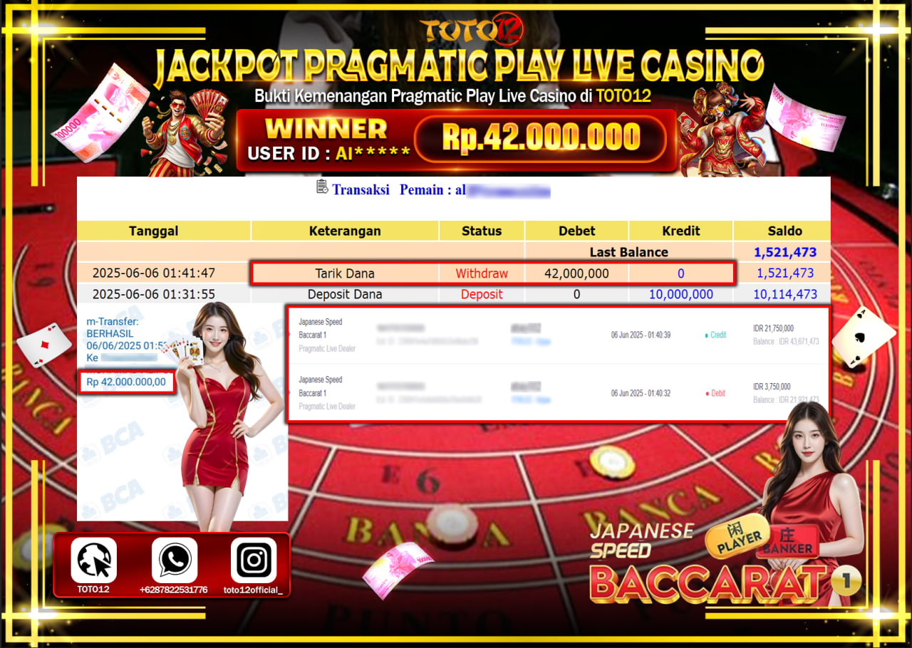 HANYA DI TOTO12 JP PASTI DI BAYAR LUNAS DAN CEPAT!!!!!! JACKPOT PRAGMATIC PLAY LIVE CASINO (JEPANESE SPEED BACCARAT 1) Rp.42.000.000 !!!!