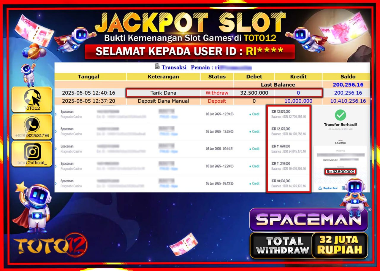 HANYA DI TOTO12 JP PASTI DI BAYAR LUNAS DAN CEPAT!!!!!! JACKPOT SLOT GAME (SPACEMAN) Rp.32.000.000 !!!!