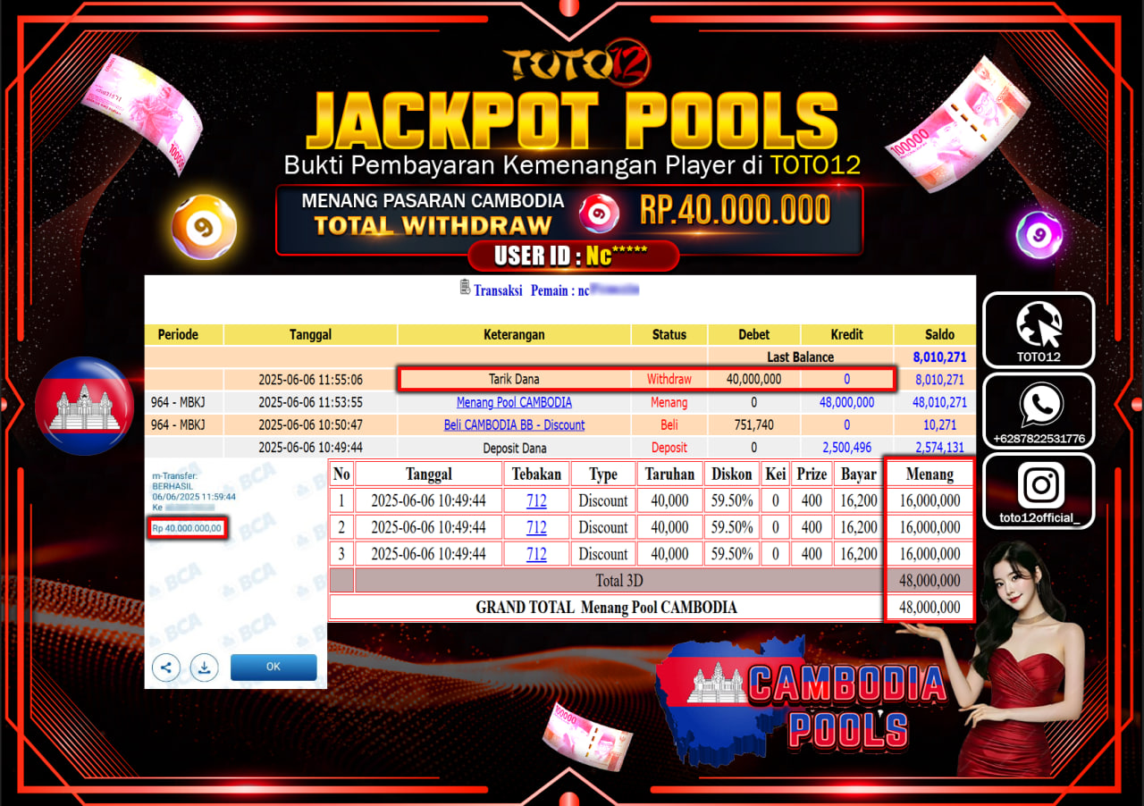 HANYA DI TOTO12 JP PASTI DI BAYAR LUNAS DAN CEPAT!!!!!! JACKPOT POOLS PASARAN (CAMBODIA) Rp.40.000.000 !!!!