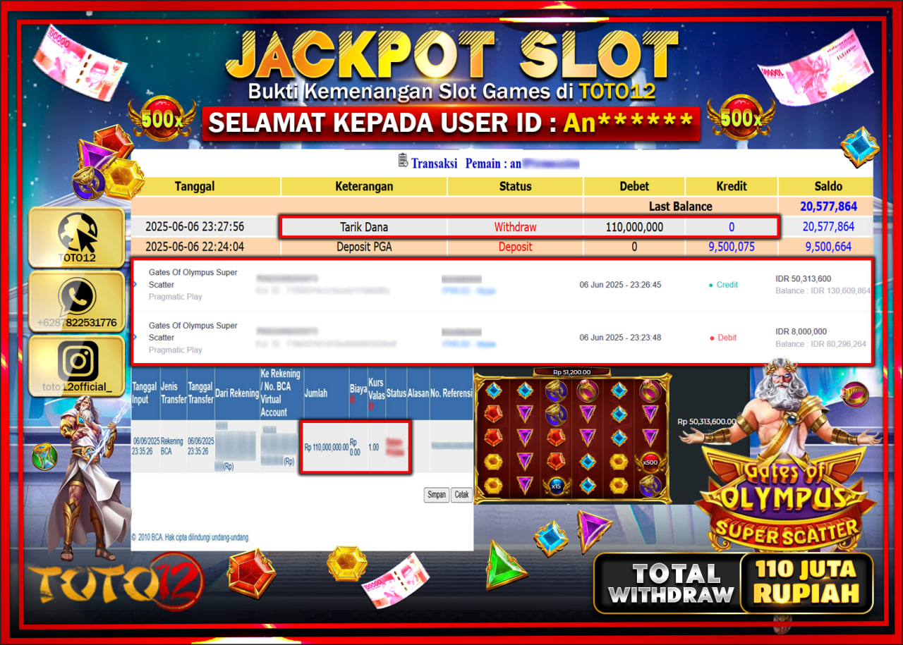 HANYA DI TOTO12 JP PASTI DI BAYAR LUNAS DAN CEPAT!!!!!! JACKPOT SLOT GAME (GATES OF OLYMPUS SUPER SCATTER) Rp.110.000.000 !!!!
