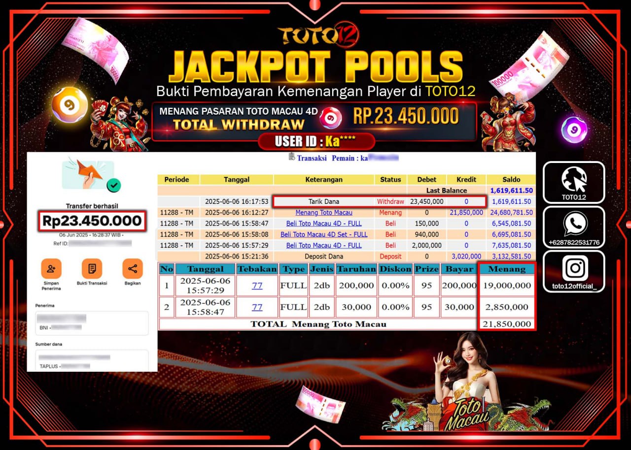 HANYA DI TOTO12 JP PASTI DI BAYAR LUNAS DAN CEPAT!!!!!! JACKPOT POOLS PASARAN (TOTO MACAU4D) Rp.23.450.000 !!!!