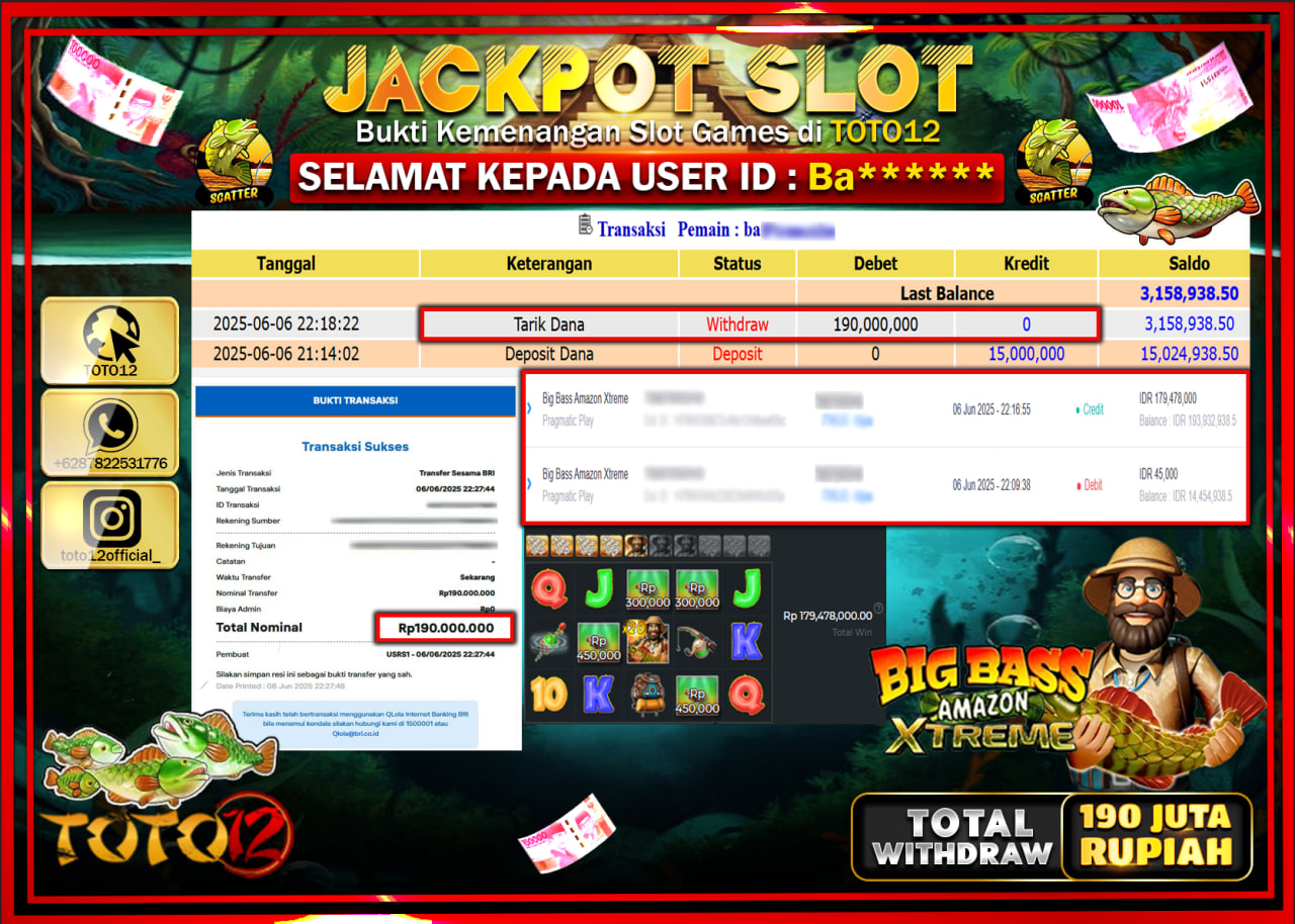 HANYA DI TOTO12 JP PASTI DI BAYAR LUNAS DAN CEPAT!!!!!! JACKPOT SLOT GAME (BIG BASS AMAZON XTREME) Rp.190.000.000 !!!!