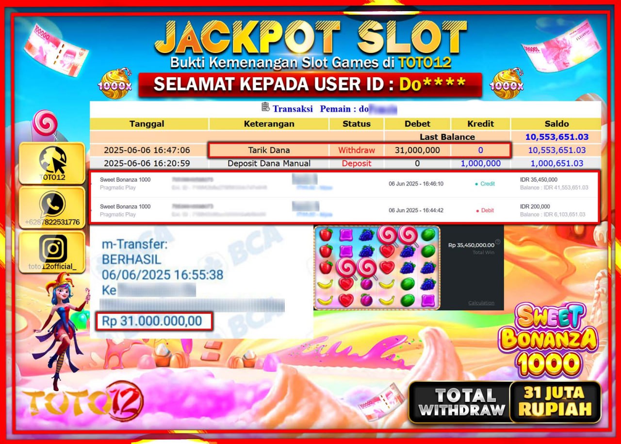 HANYA DI TOTO12 JP PASTI DI BAYAR LUNAS DAN CEPAT!!!!!! JACKPOT SLOT GAME (SWEET BONANZA 1000) Rp.31.000.000 !!!!