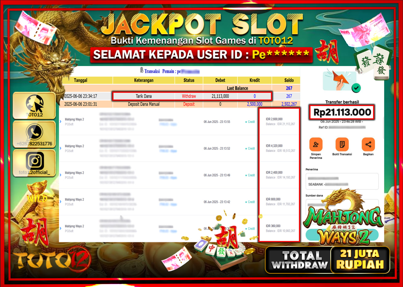 HANYA DI TOTO12 JP PASTI DI BAYAR LUNAS DAN CEPAT!!!!!! JACKPOT SLOT GAME (MAHJONG WAYS 2) Rp.21.000.000 !!!!