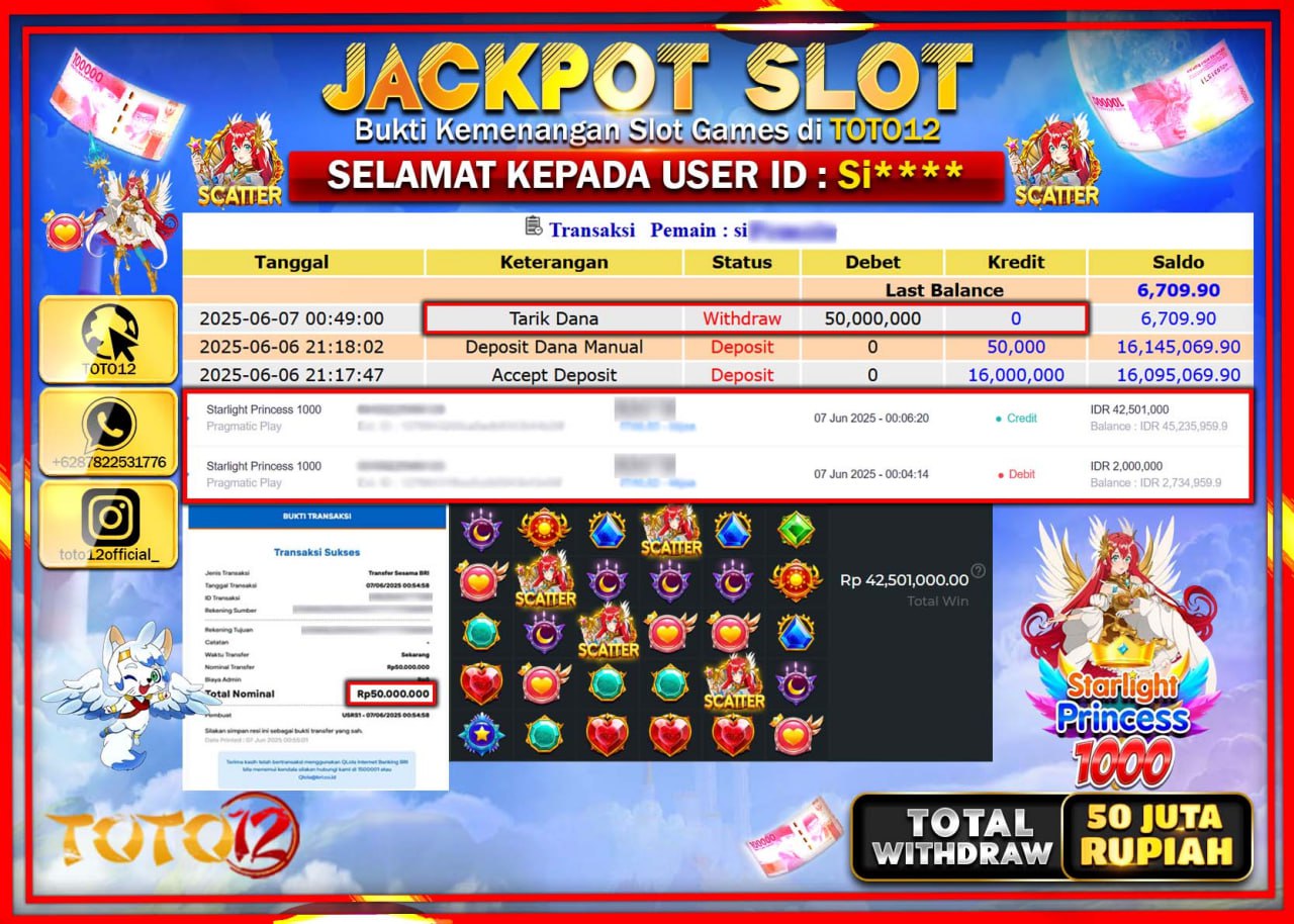 HANYA DI TOTO12 JP PASTI DI BAYAR LUNAS DAN CEPAT!!!!!! JACKPOT SLOT GAME (STARLIGHT PRINCESS 1000) Rp.50.000.000 !!!!