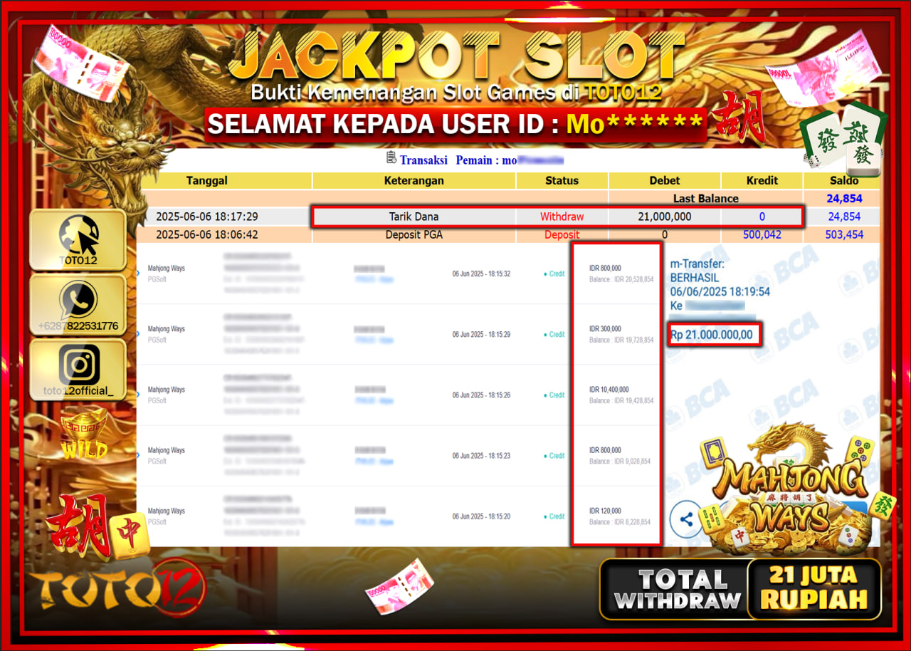 HANYA DI TOTO12 JP PASTI DI BAYAR LUNAS DAN CEPAT!!!!!! JACKPOT SLOT GAME (MAHJONG WAYS) Rp.21.000.000 !!!!