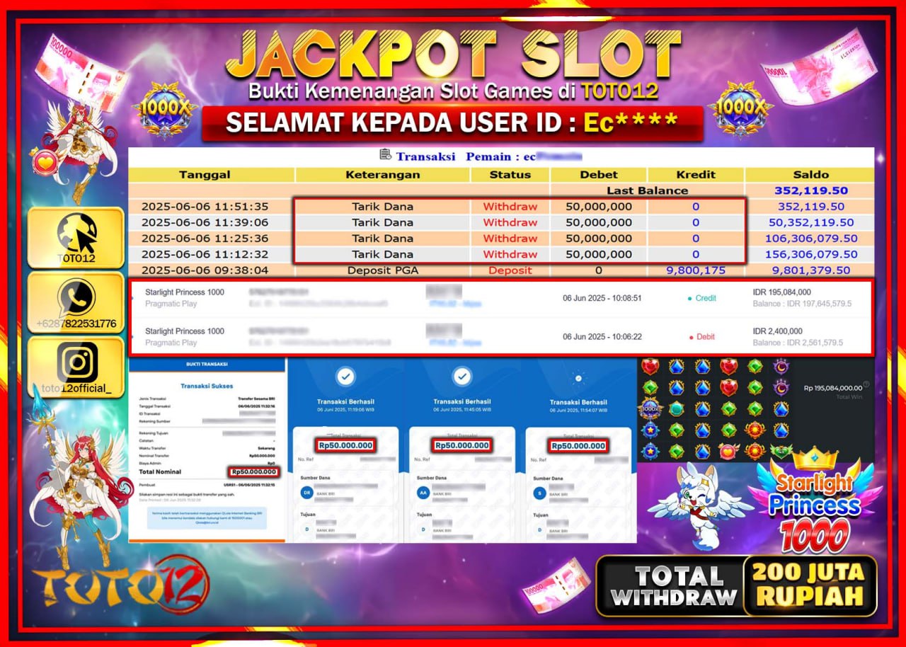 HANYA DI TOTO12 JP PASTI DI BAYAR LUNAS DAN CEPAT!!!!!! JACKPOT SLOT GAME (STARLIGHT PRINCESS 1000) Rp.200.000.000 !!!!