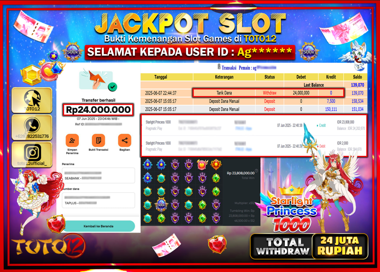 HANYA DI TOTO12 JP PASTI DI BAYAR LUNAS DAN CEPAT!!!!!! JACKPOT SLOT GAME (STARLIGHT PRINCESS 1000) Rp.24.000.000 !!!!