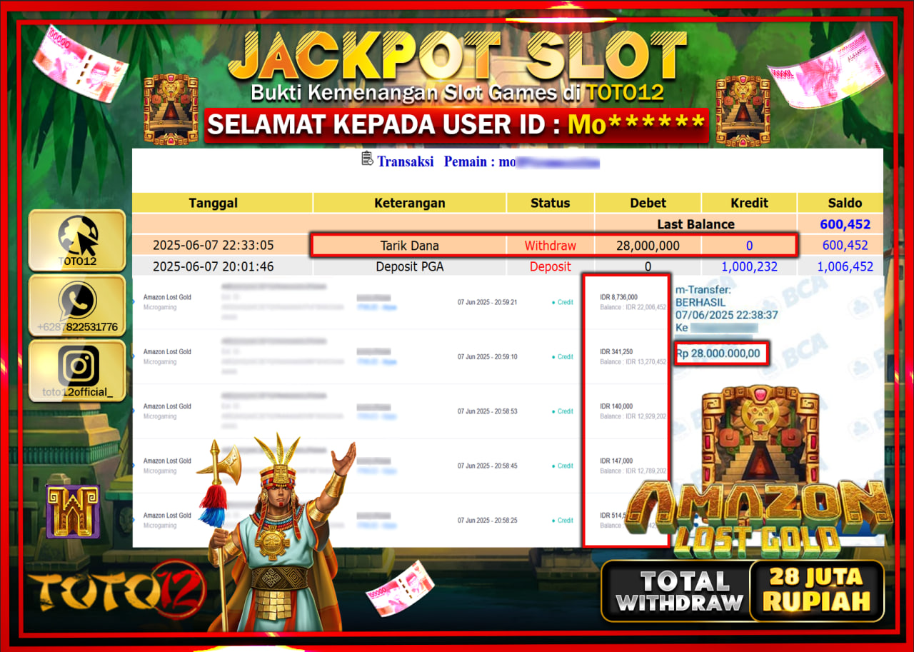 HANYA DI TOTO12 JP PASTI DI BAYAR LUNAS DAN CEPAT!!!!!! JACKPOT SLOT GAME (AMAZON LOST GOLD) Rp.28.000.000 !!!!