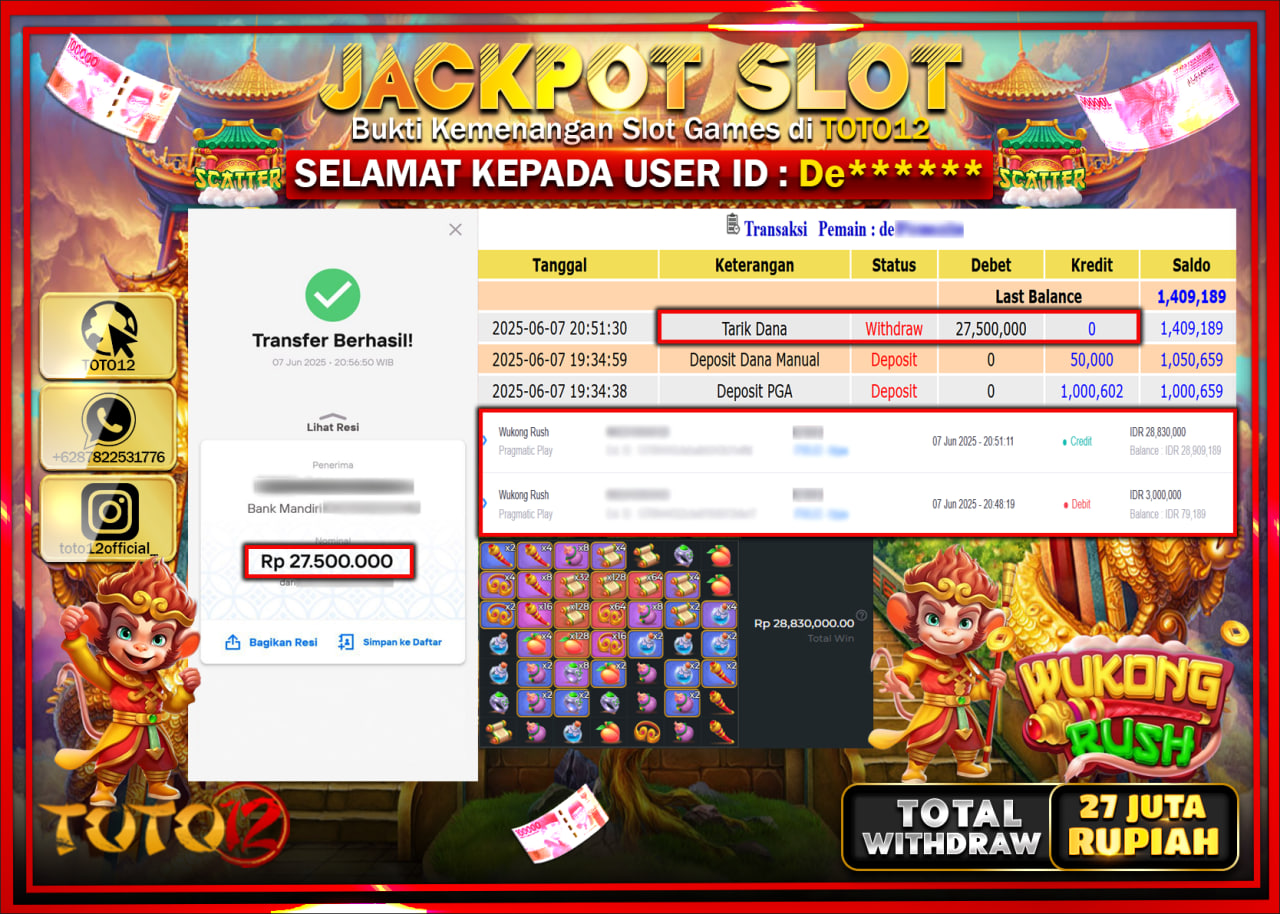 HANYA DI TOTO12 JP PASTI DI BAYAR LUNAS DAN CEPAT!!!!!! JACKPOT SLOT GAME (WUKONG RUSH) Rp.27.000.000 !!!!