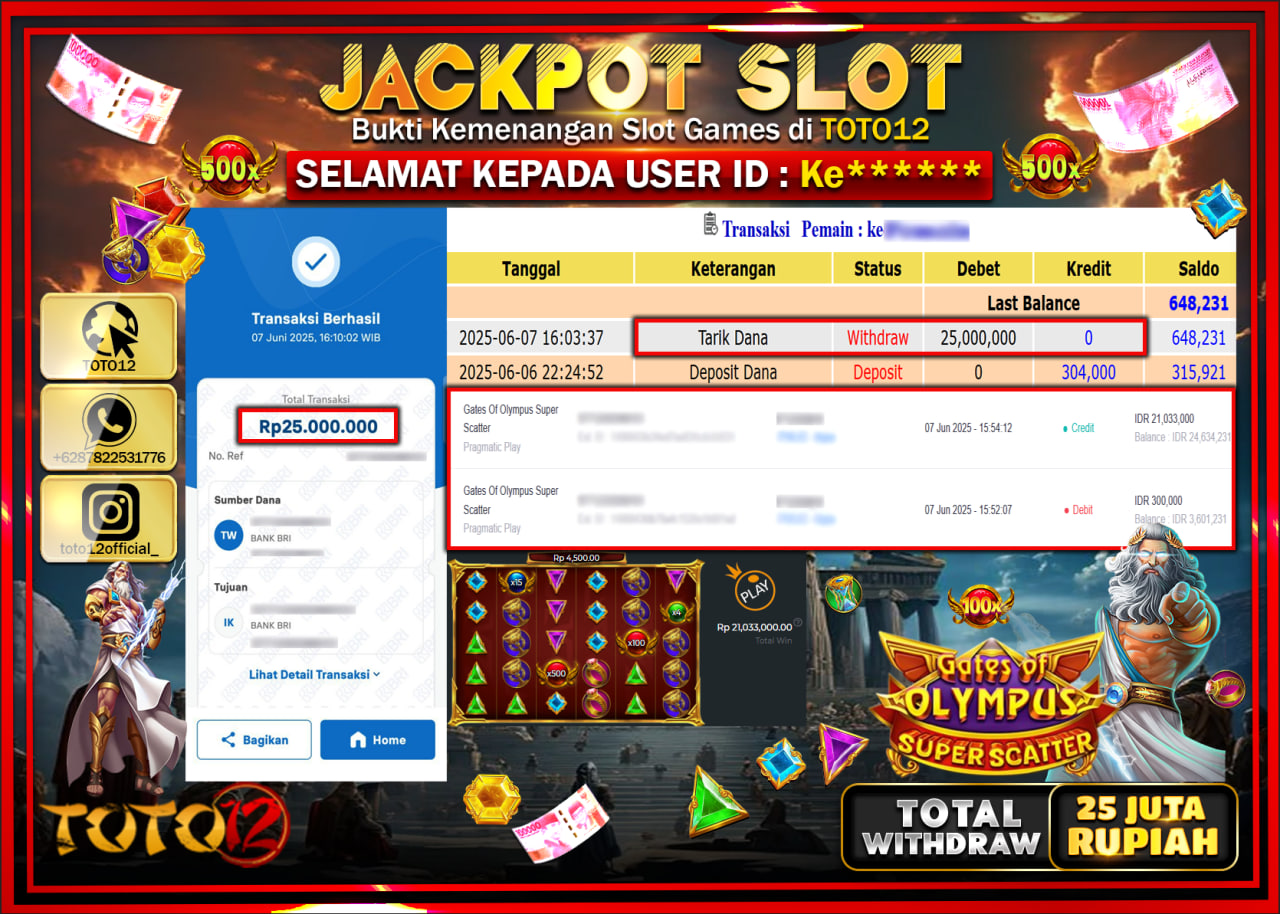 HANYA DI TOTO12 JP PASTI DI BAYAR LUNAS DAN CEPAT!!!!!! JACKPOT SLOT GAME (GATES OF OLYMPUS SUPER SCATTER) Rp.25.000.000 !!!!