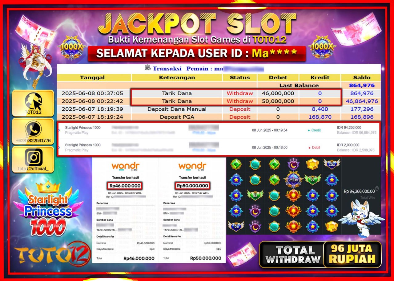 HANYA DI TOTO12 JP PASTI DI BAYAR LUNAS DAN CEPAT!!!!!! JACKPOT SLOT GAME (STARLIGHT PRINCESS 1000) Rp.96.000.000 !!!!
