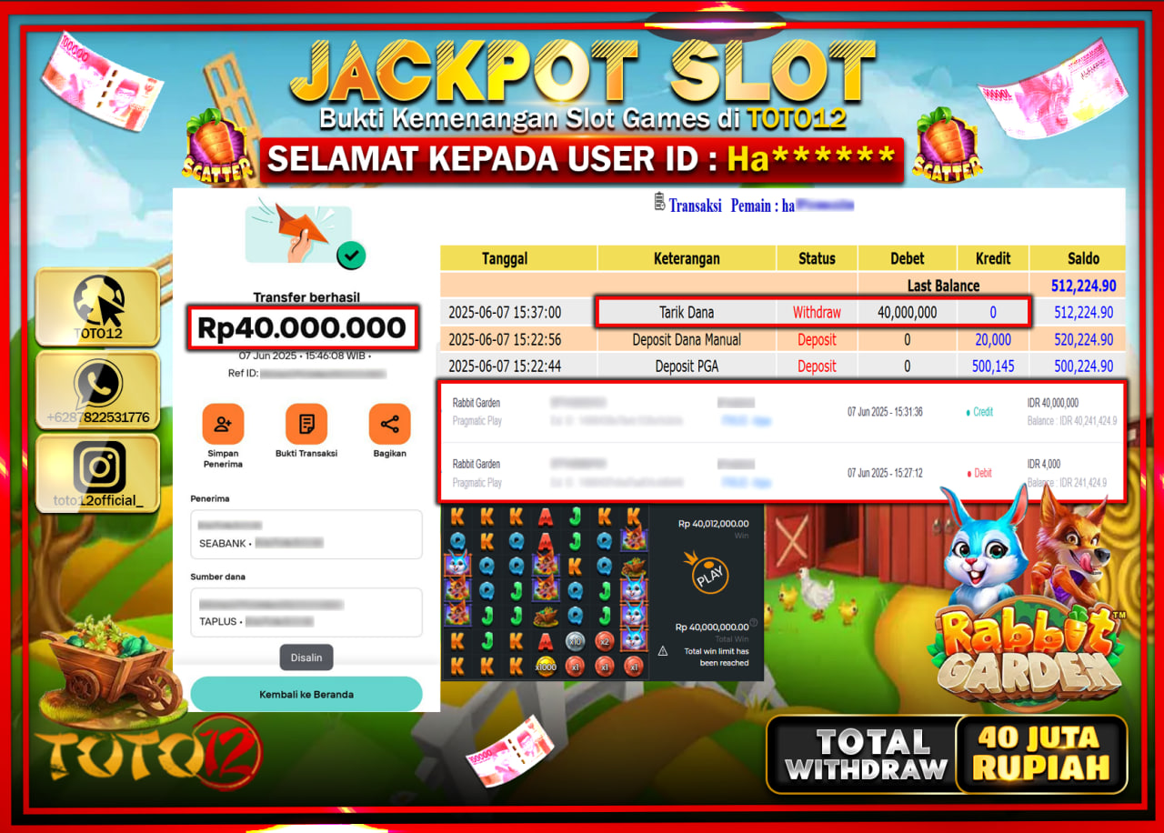 HANYA DI TOTO12 JP PASTI DI BAYAR LUNAS DAN CEPAT!!!!!! JACKPOT SLOT GAME (RABBIT GARDEN) Rp.40.000.000 !!!!