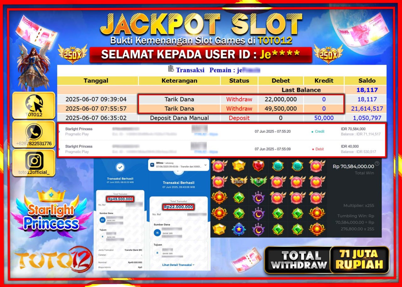 HANYA DI TOTO12 JP PASTI DI BAYAR LUNAS DAN CEPAT!!!!!! JACKPOT SLOT GAME (STARLIGHT PRINCESS) Rp.71.000.000 !!!!