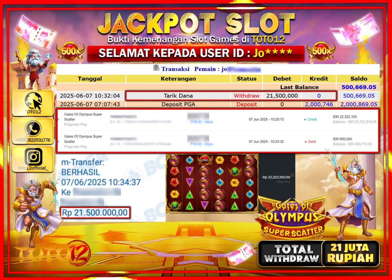 HANYA DI TOTO12 JP PASTI DI BAYAR LUNAS DAN CEPAT!!!!!! JACKPOT SLOT GAME (GATES OF OLYMPUS SUPER SCATTER) Rp.21.000.000 !!!!