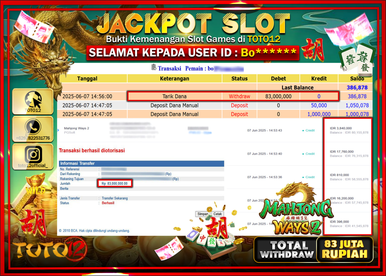HANYA DI TOTO12 JP PASTI DI BAYAR LUNAS DAN CEPAT!!!!!! JACKPOT SLOT GAME (MAHJONG WAYS 2) Rp.83.000.000 !!!!
