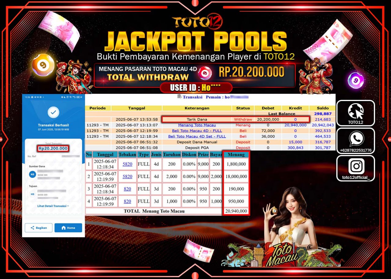 HANYA DI TOTO12 JP PASTI DI BAYAR LUNAS DAN CEPAT!!!!!! JACKPOT POOLS PASARAN (TOTO MACAU4D) Rp.20.200.000 !!!!