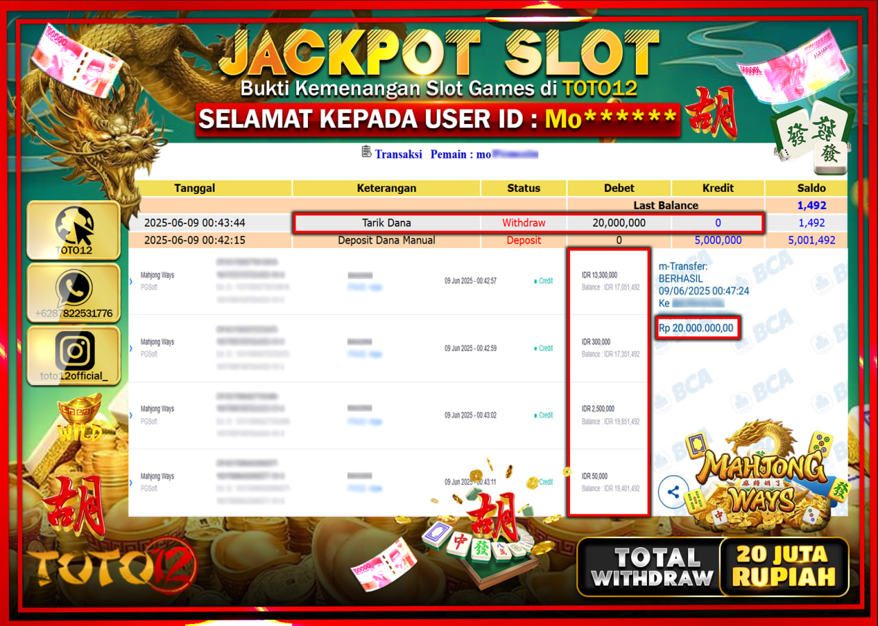 HANYA DI TOTO12 JP PASTI DI BAYAR LUNAS DAN CEPAT!!!!!! JACKPOT SLOT GAME (MAHJONG WAYS) Rp.20.000.000 !!!!