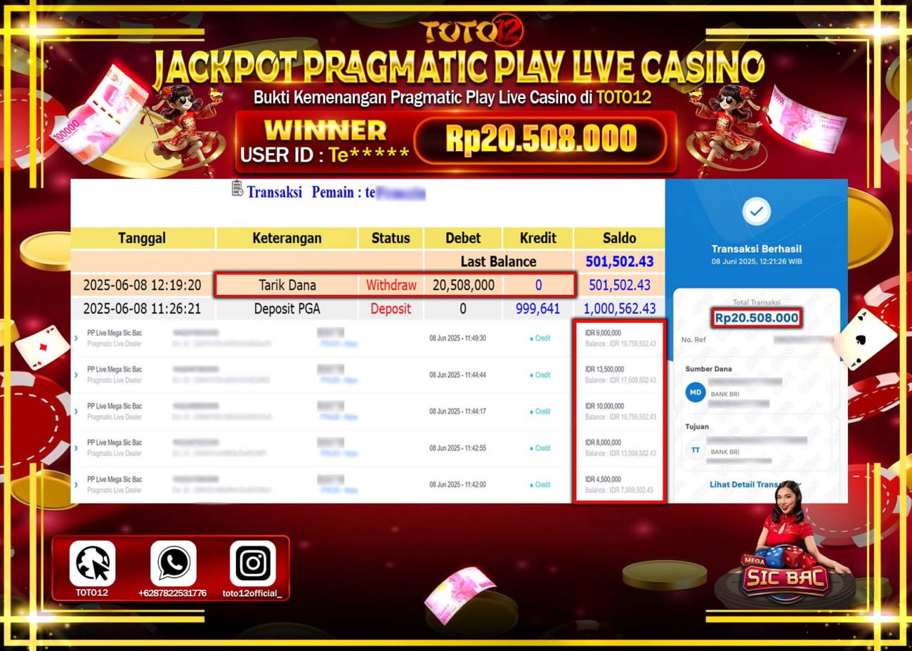 HANYA DI TOTO12 JP PASTI DI BAYAR LUNAS DAN CEPAT!!!!!! JACKPOT PRAGMATIC PLAY LIVE CASINO (MEGA SIC BAC) Rp.20.508.000 !!!!
