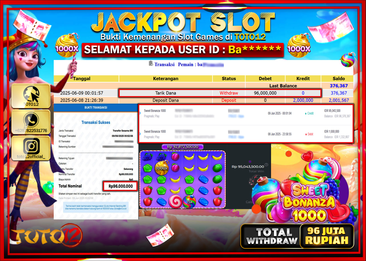 HANYA DI TOTO12 JP PASTI DI BAYAR LUNAS DAN CEPAT!!!!!! JACKPOT SLOT GAME (SWEET BONANZA 1000) Rp.96.000.000 !!!!
