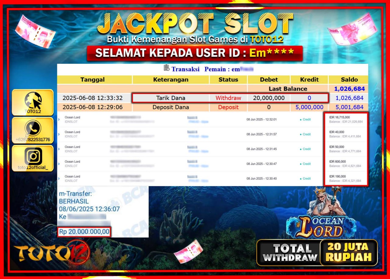 HANYA DI TOTO12 JP PASTI DI BAYAR LUNAS DAN CEPAT!!!!!! JACKPOT SLOT GAME (OCEAN LORD) Rp.20.000.000 !!!!