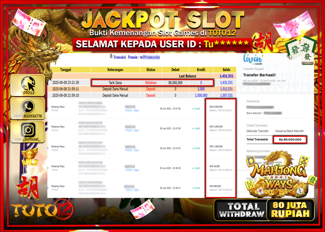 HANYA DI TOTO12 JP PASTI DI BAYAR LUNAS DAN CEPAT!!!!!! JACKPOT SLOT GAME (MAHJONG WAYS) Rp.80.000.000 !!!!
