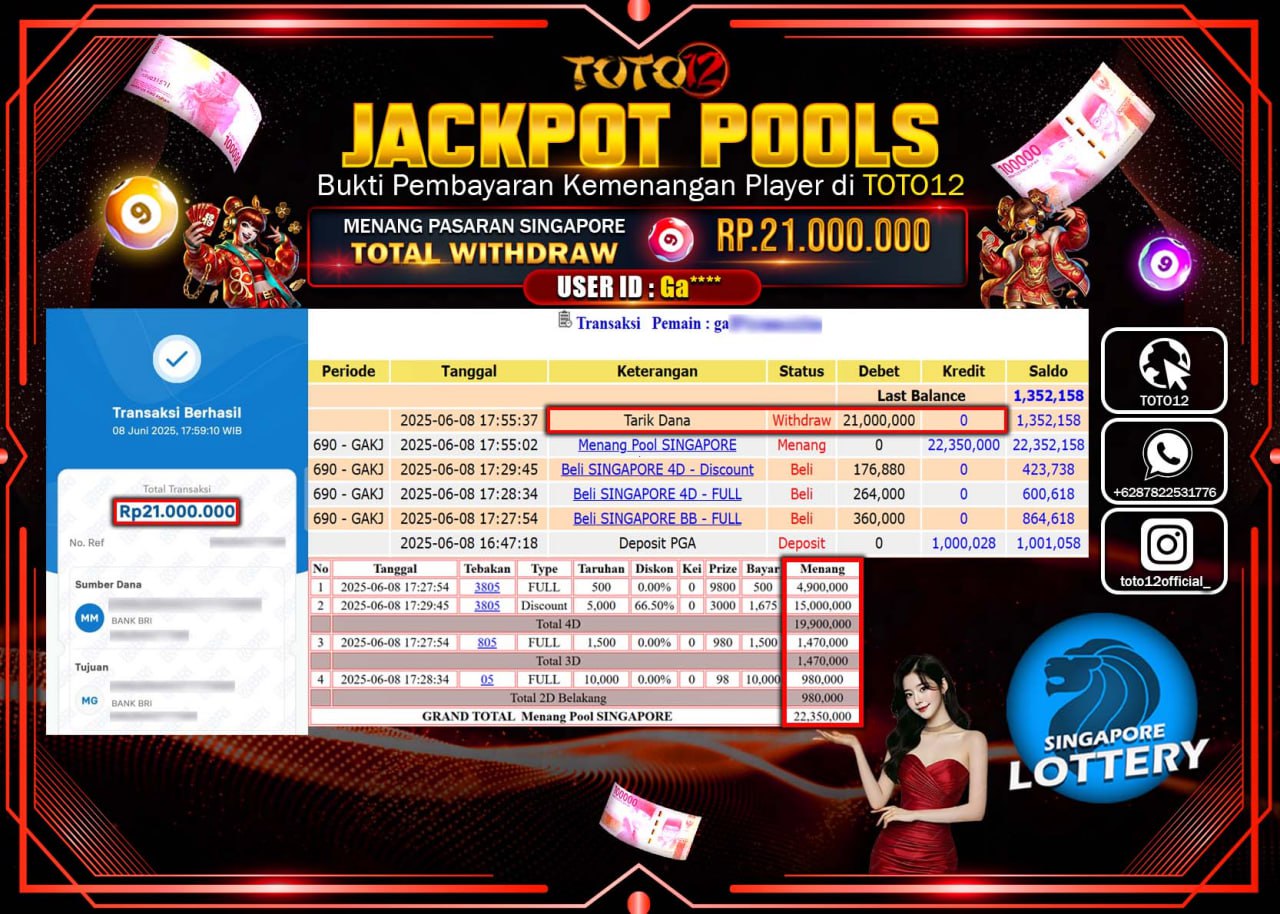 HANYA DI TOTO12 JP PASTI DI BAYAR LUNAS DAN CEPAT!!!!!! JACKPOT POOLS PASARAN (SINGAPORE) Rp.21.000.000 !!!!