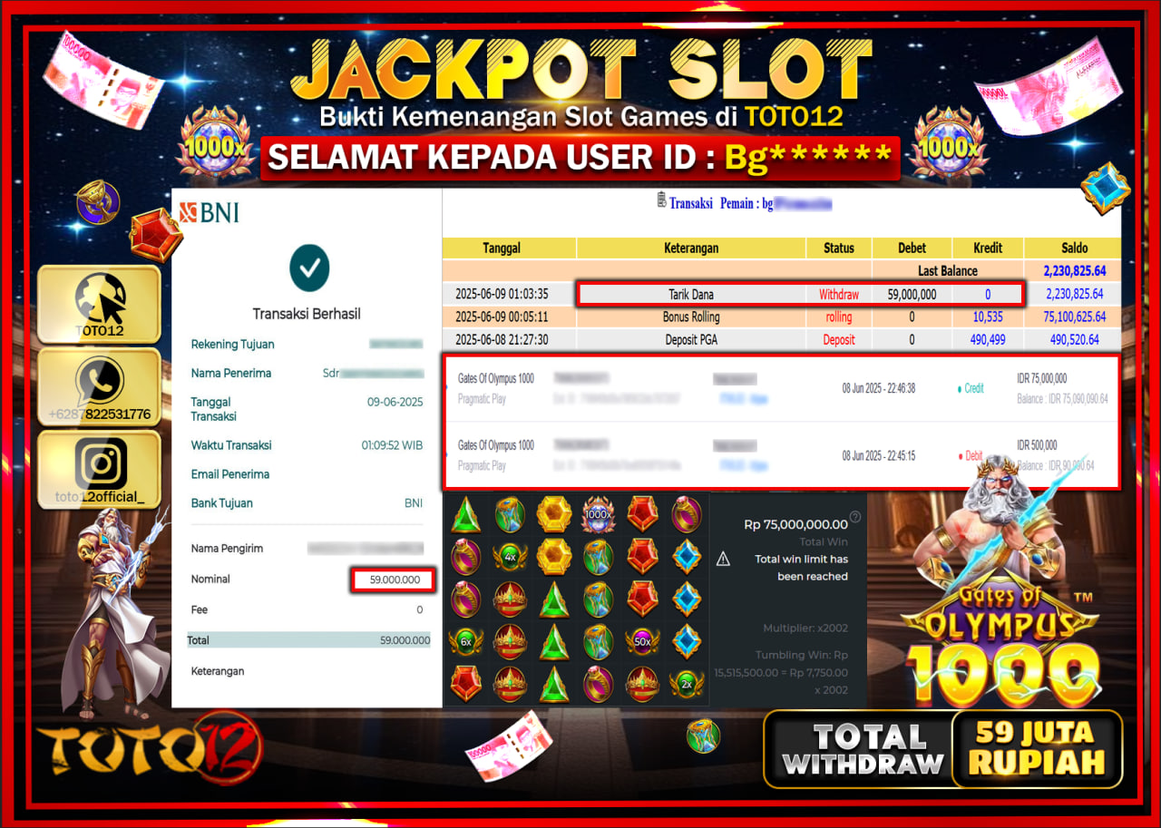 HANYA DI TOTO12 JP PASTI DI BAYAR LUNAS DAN CEPAT!!!!!! JACKPOT SLOT GAME (GATES OF OLYMPUS 1000) Rp.59.000.000 !!!!