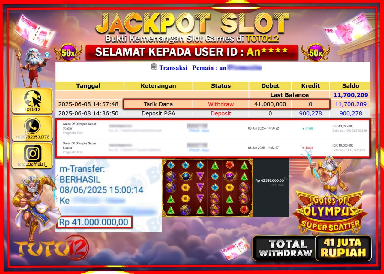 HANYA DI TOTO12 JP PASTI DI BAYAR LUNAS DAN CEPAT!!!!!! JACKPOT SLOT GAME (GATES OF OLYMPUS SUPER SCATTER) Rp.41.000.000 !!!!