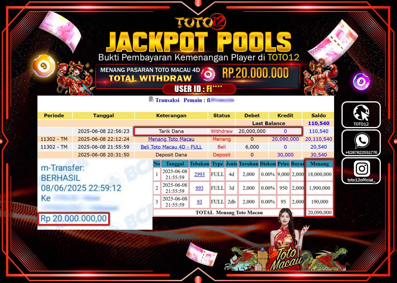 HANYA DI TOTO12 JP PASTI DI BAYAR LUNAS DAN CEPAT!!!!!! JACKPOT POOLS PASARAN (TOTO MACAU4D) Rp.20.000.000 !!!!