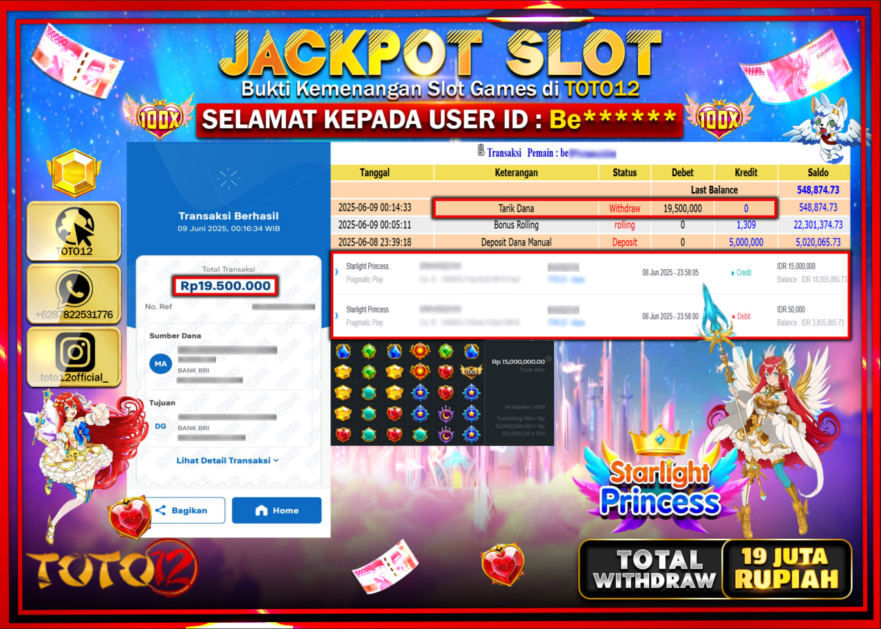 HANYA DI TOTO12 JP PASTI DI BAYAR LUNAS DAN CEPAT!!!!!! JACKPOT SLOT GAME (STARLIGHT PRINCESS) Rp.19.000.000 !!!!